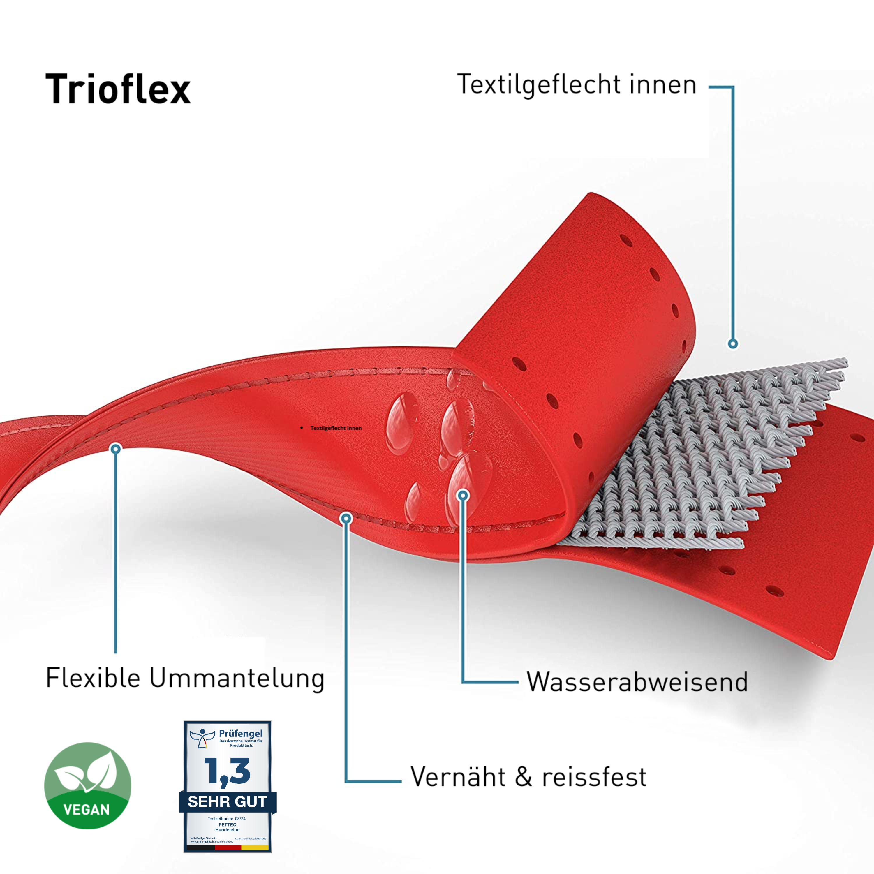 PetTec Schleppleine aus veganem Trioflex® bis 80kg, rot