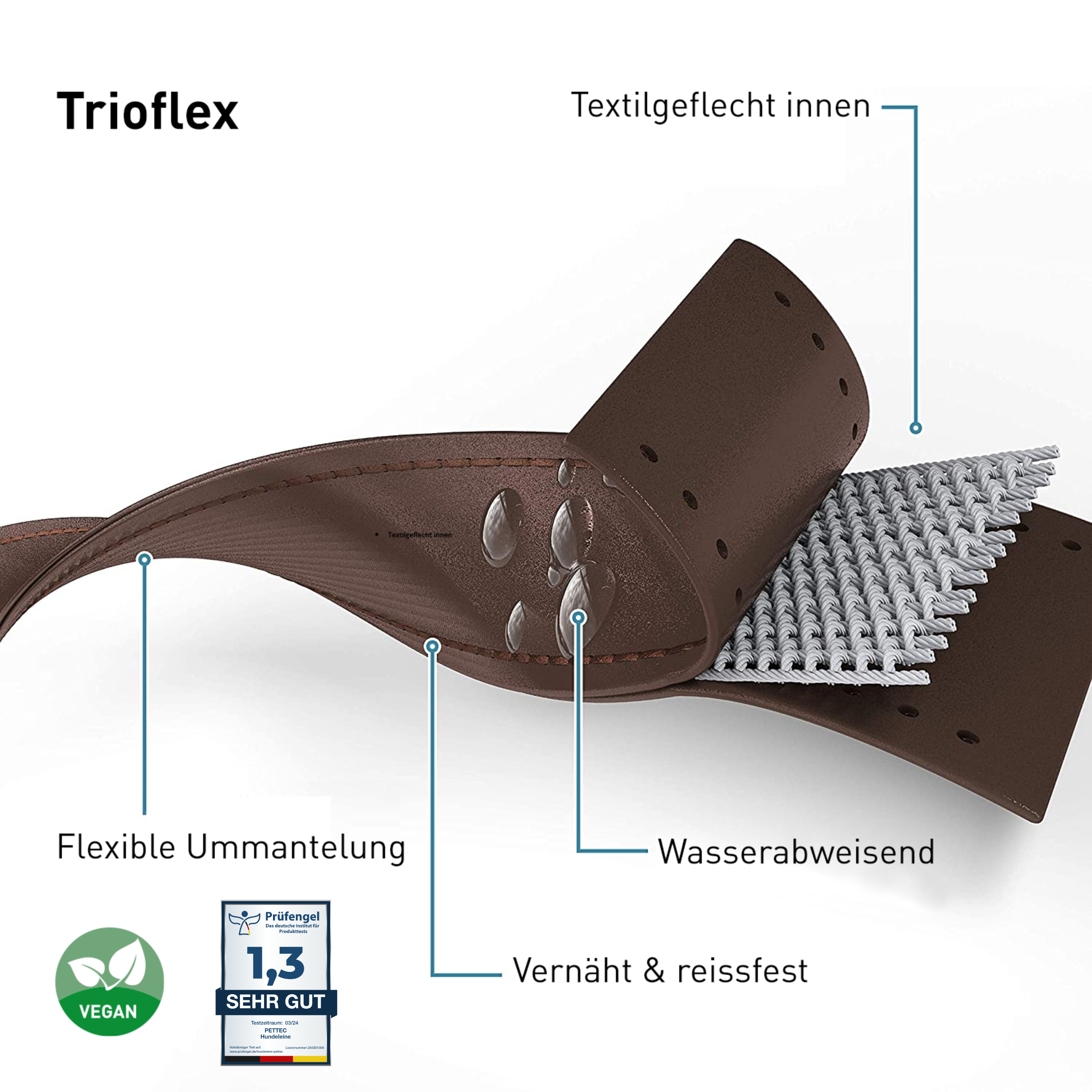 PetTec Hundeleine aus veganem Trioflex mit Handschlaufe, Führleine 2m bis 80kg, braun