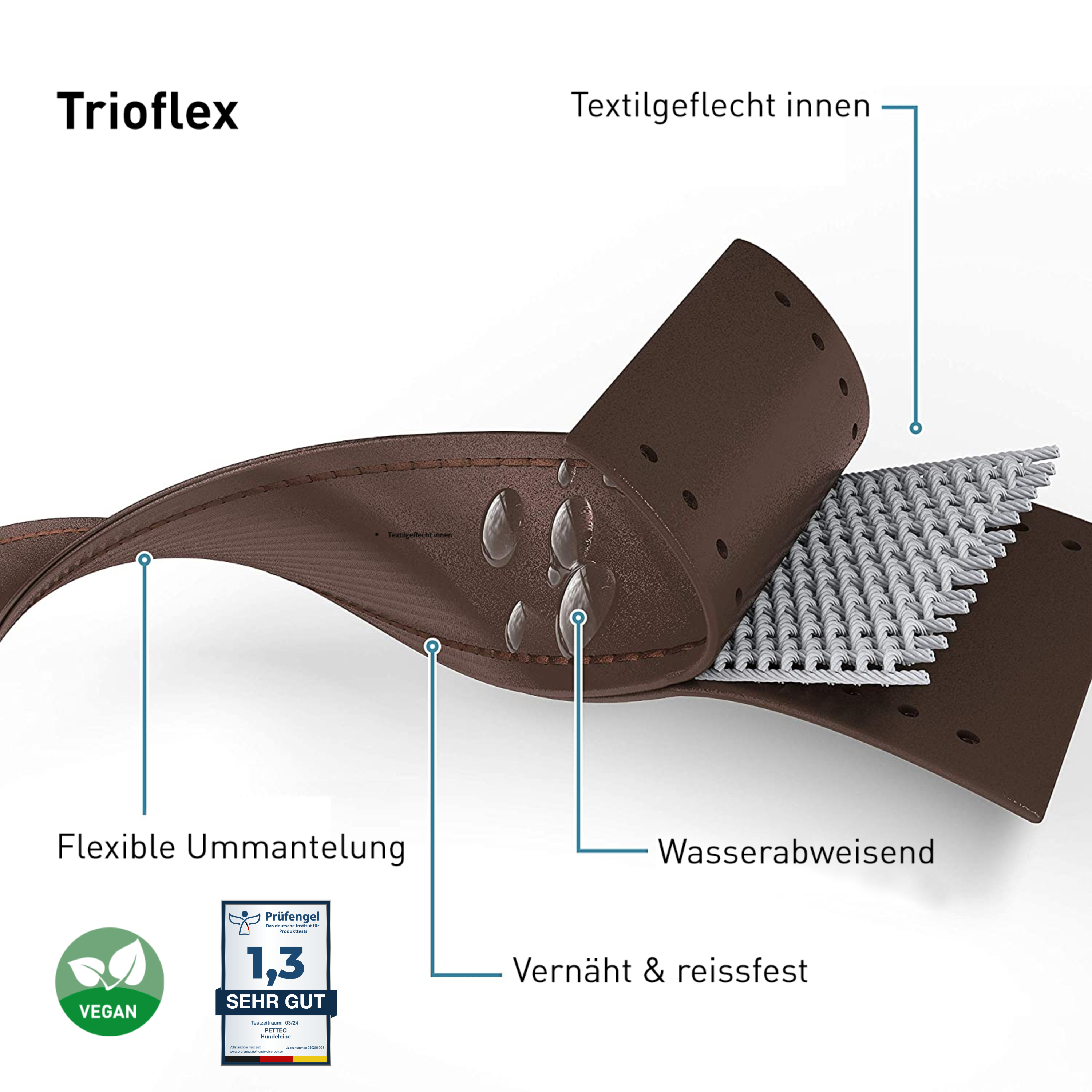 PetTec Schleppleine aus veganem Trioflex® bis 80kg, braun