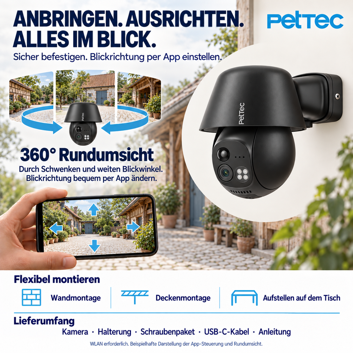 Wandmontage der PetTec Cam Free’n 360 Wi-Fi und Ausrichten des Kamerablicks per App