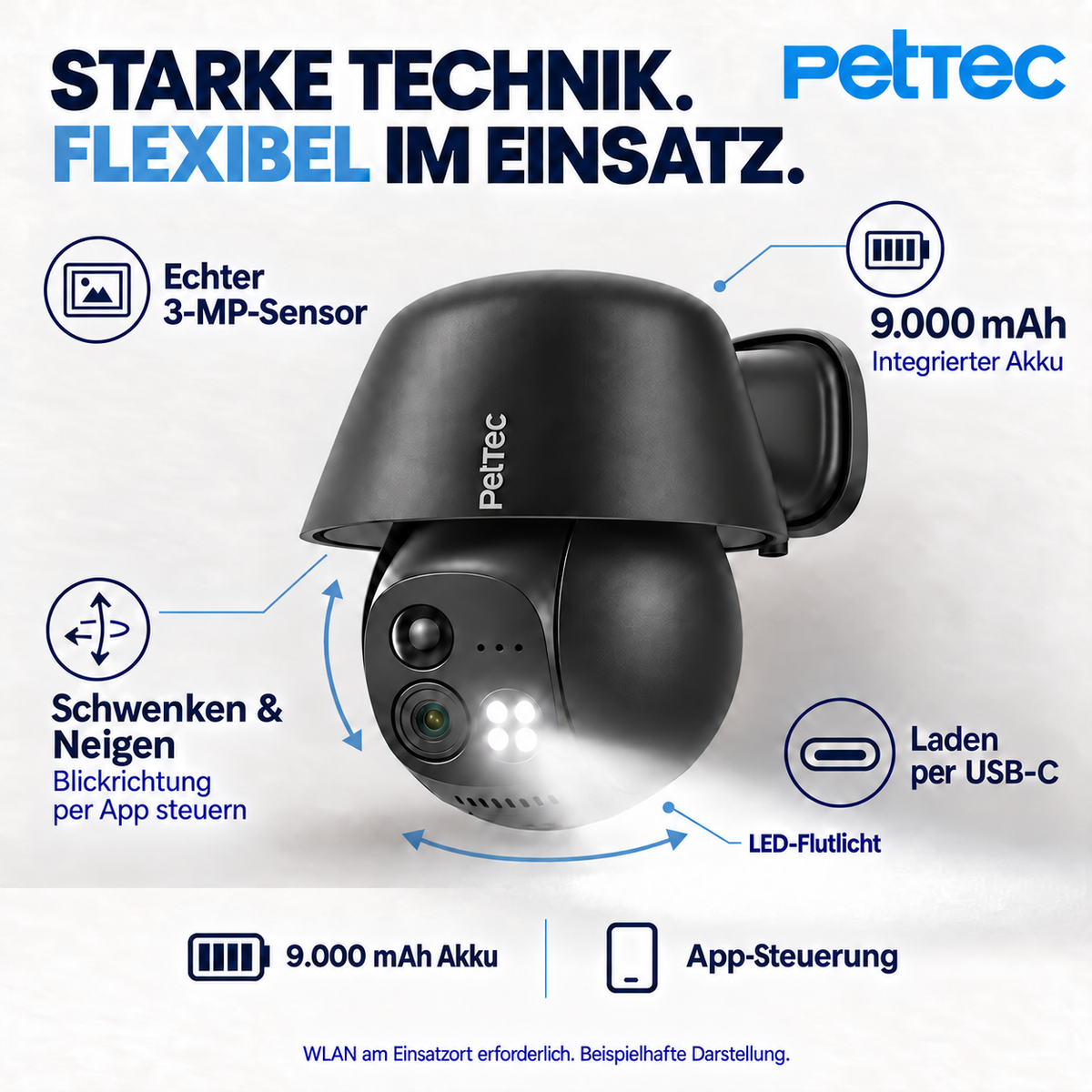 Technik der schwarzen PetTec WLAN-Kamera mit 3-MP-Sensor und 9.000-mAh-Akku