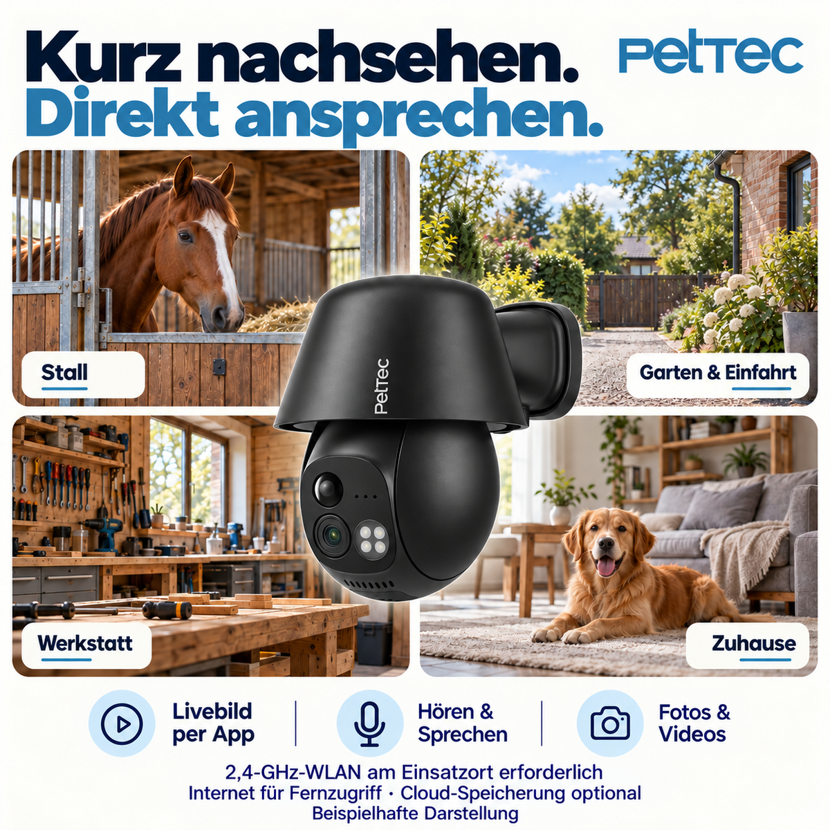 PetTec Kamera für Stall, Hof, Garten und Zuhause mit App-Zugriff und Zwei-Wege-Audio