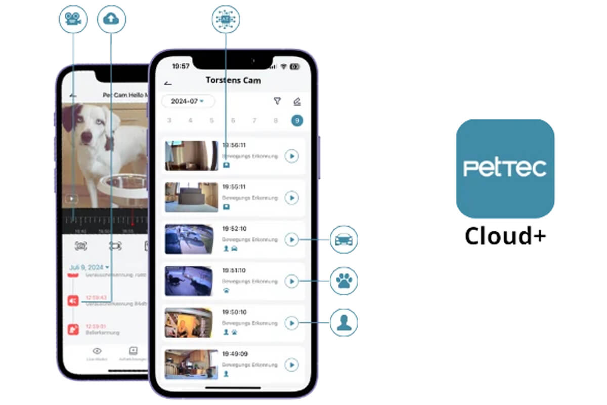 Zwei Smartphones zeigen die Überwachungs-App "PetTec Cloud+" mit Videovorschau