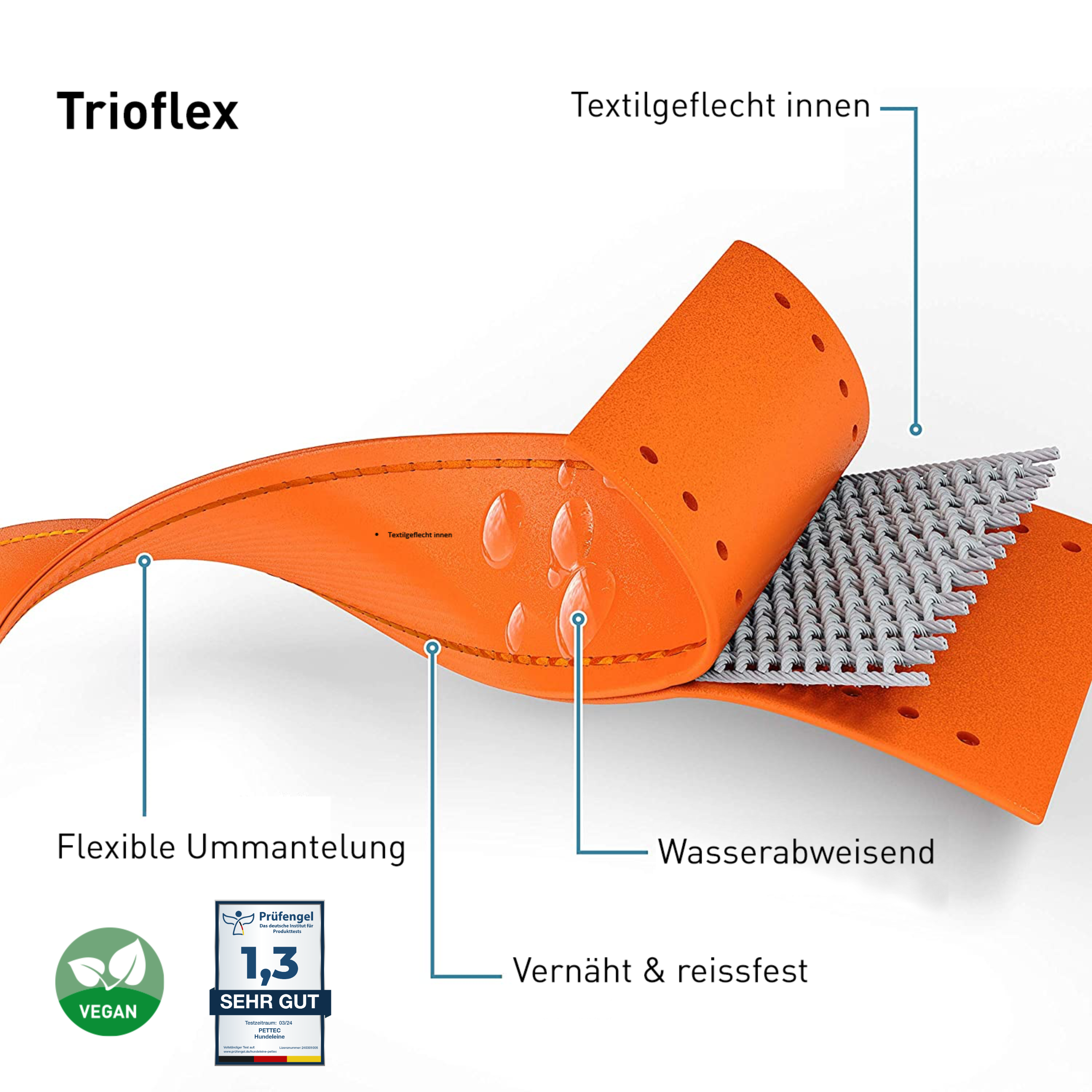 PetTec Schleppleine aus veganem Trioflex® bis 80kg, orange