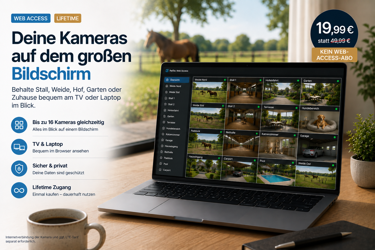PetTec Web Access: Kameras am TV oder Laptop ansehen, Lifetime-Zugang für 19,99 € statt 49,99 €.