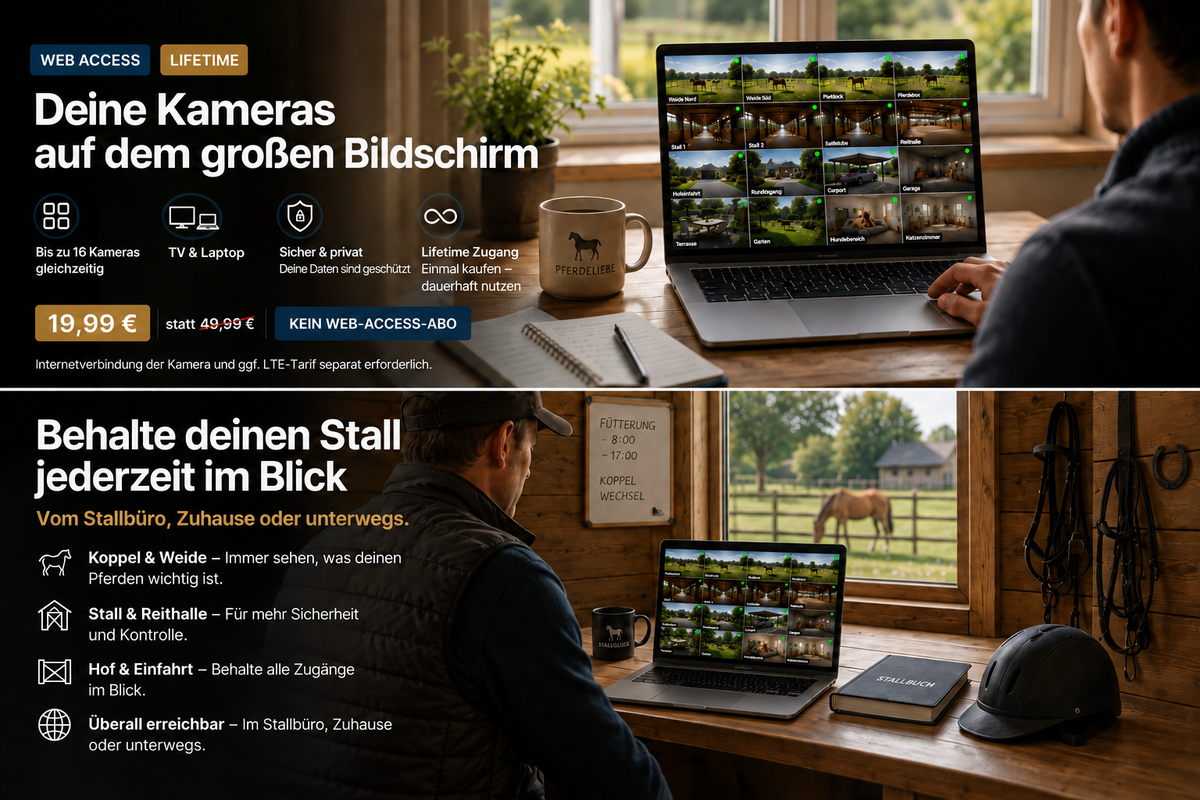 PetTec Web Access in zwei Ansichten: Kameras am Laptop zu Hause und im Stallbüro ansehen. 19,99 € statt 49,99 €, kein Web-Access-Abo.